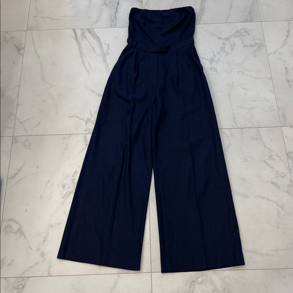Zara Strapless Linen Blend Jumpsuit Straight
Neck Wide Leg Navy Boho Blogger - Picture 4 of 5